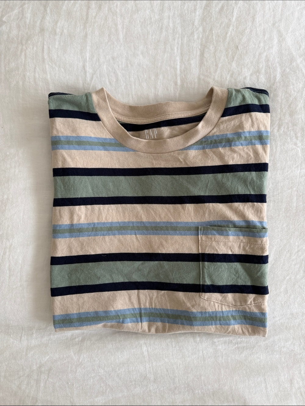 GAP Men's Beige, Green, Navy & Light Blue Striped Crewneck Tee